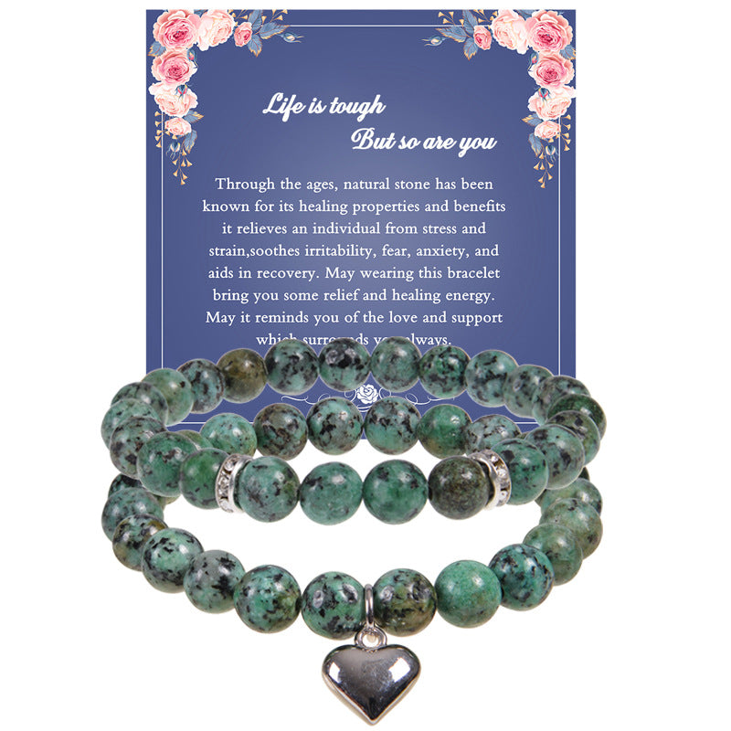 Wholesale 8mm Natural Stone Beaded Heart Set Bracelet